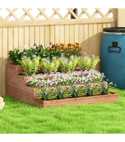 Jardinera de Madera Elevada de 4 Niveles con Diseño de Escalera para Cultivos Plantas Flores 113x113x46 cm Café Oscuro