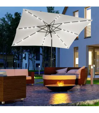 Parasol de Terraza Exterior 268x205x248 cm con Techo Inclinable hasta 45° Luces LED Solares y Manivela Blanco Crema