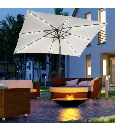 Parasol de Terraza Exterior 268x205x248 cm con Techo Inclinable hasta 45° Luces LED Solares y Manivela Blanco Crema