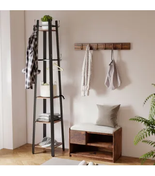 Perchero de Pie de 4 Niveles con 4 Estantes 8 Ganchos con Estructura Metálica para Colgar Ropa Sombrero Marrón Rústico