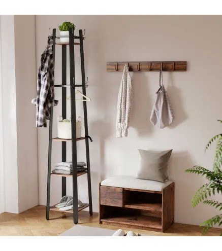 Perchero de Pie de 4 Niveles con 4 Estantes 8 Ganchos con Estructura Metálica para Colgar Ropa Sombrero Marrón Rústico