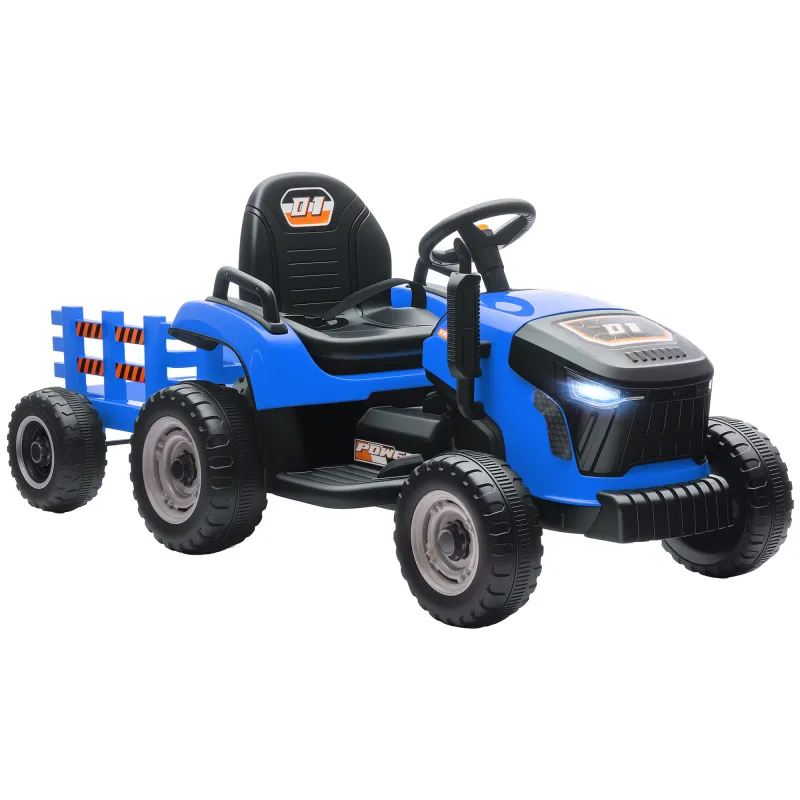 Tractor Eléctrico para Niños con Remolque Desmontable Batería 12V Velocidad 3-5 km/h, Control Remoto 2,4G Azul