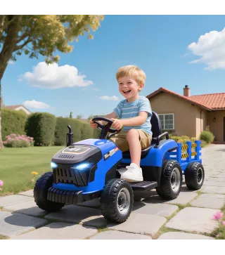 Tractor Eléctrico para Niños con Remolque Desmontable Batería 12V Velocidad 3-5 km/h, Control Remoto 2,4G Azul
