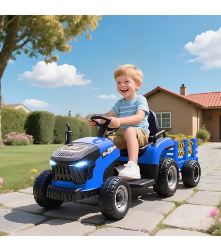Tractor Eléctrico para Niños con Remolque Desmontable Batería 12V Velocidad 3-5 km/h, Control Remoto 2,4G Azul
