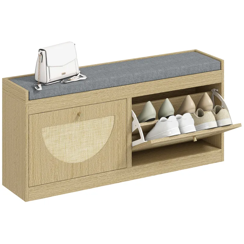 Banco Zapatero con Asiento Acolchado Puertas Frentes de Ratán Estante Ajustable para 8 Pares de Zapatos Natural