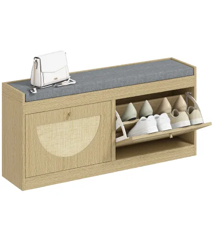Banco Zapatero con Asiento Acolchado Puertas Frentes de Ratán Estante Ajustable para 8 Pares de Zapatos Natural
