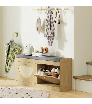 Banco Zapatero con Asiento Acolchado Puertas Frentes de Ratán Estante Ajustable para 8 Pares de Zapatos Natural