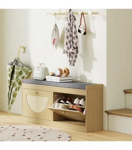 Banco Zapatero con Asiento Acolchado Puertas Frentes de Ratán Estante Ajustable para 8 Pares de Zapatos Natural