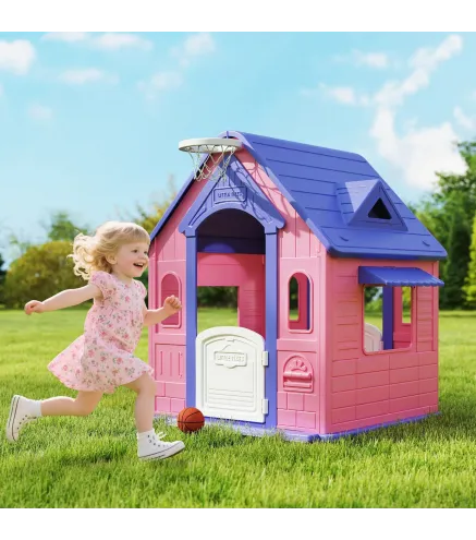 Casita Infantil Exterior e Interior 3 en 1 con Lanzamiento de Aros Baloncesto para Niños de 2-5 Años Rosa y Morado
