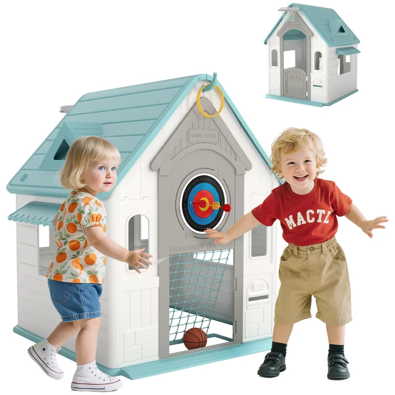 Casita Infantil Exterior e Interior 5 en 1 con Lanzamiento de Aros Baloncesto Fútbol Dardos para Niños +2 Años Beige Casita Infantil Exterior e Interior 5 en 1 con Lanzamiento de Aros Baloncesto Fútbol Dardos para Niños +2 Años Beige
