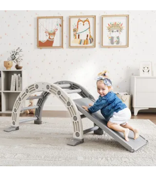 Escalada para Niños de 18-48 Meses 4 en 1 con Arco de Escalada Mecedora Rampa y Tobogán 164x70x57 cm Gris y Blanco