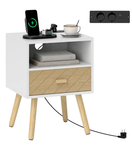 Mesilla de Noche con Estación de Carga Cajón 2 Tomas AC Puerto USB Tipo-C Compartimento Abierto Patas de Madera Blanco