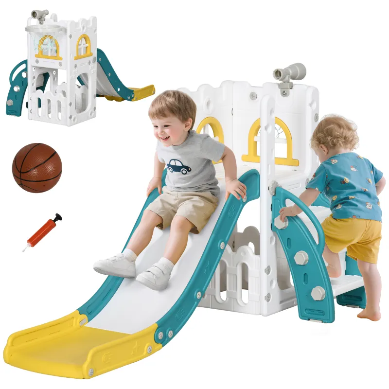 Tobogán Infantil 4 en 1 con Aro de Baloncesto Telescopio Escalador y Cesta Inferior para Interior Amarillo y Verde Tobogán Infantil 4 en 1 con Aro de Baloncesto Telescopio Escalador y Cesta Inferior para Interior Amarillo y Verde