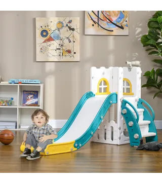 Tobogán Infantil 4 en 1 con Aro de Baloncesto Telescopio Escalador y Cesta Inferior para Interior Amarillo y Verde