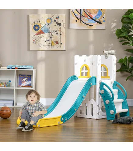 Tobogan Infantil 4 en 1 con Aro de Baloncesto Telescopio Escalador y Cesta Inferior para Interior Amarillo y Verde