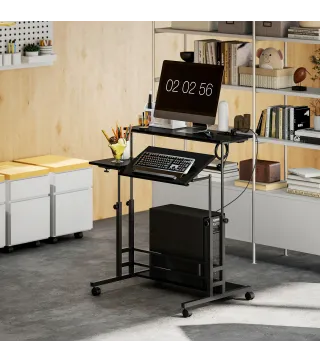 Escritorio Elevable con Ruedas Enchufes Puertos USB Altura Ajustable Panel Central Inclinado y Estante 80x60 cm Negro