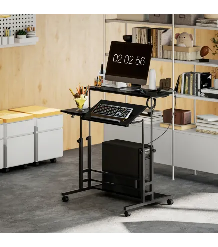 Escritorio Elevable con Ruedas Enchufes Puertos USB Altura Ajustable Panel Central Inclinado y Estante 80x60 cm Negro