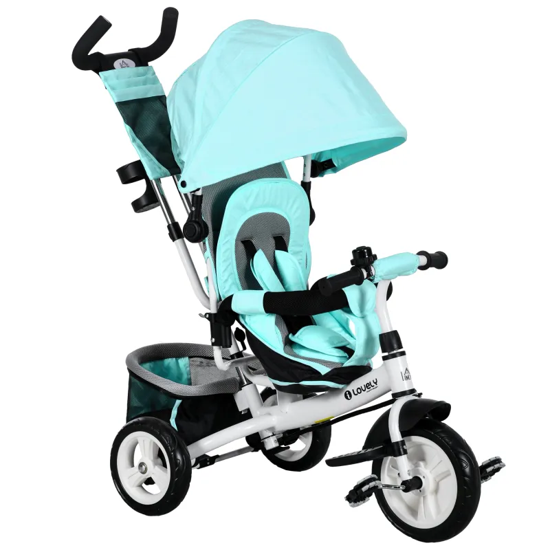 Triciclo para Bebés +12 Meses con Mango de Empuje Telescópico y Desmontable Bolso para Mamá y Portabotellas Verde Mint
