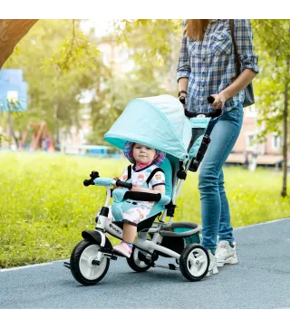 Triciclo para Bebés +12 Meses con Mango de Empuje Telescópico y Desmontable Bolso para Mamá y Portabotellas Verde Mint