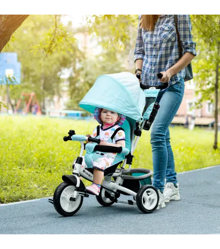 Triciclo para Bebés +12 Meses con Mango de Empuje Telescópico y Desmontable Bolso para Mamá y Portabotellas Verde Mint