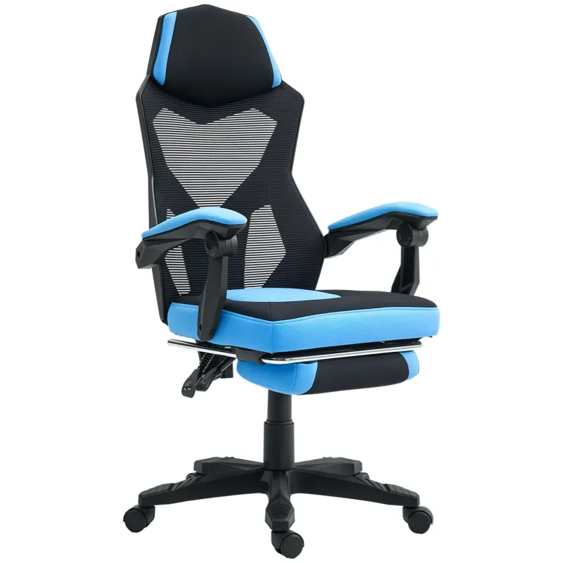 Silla Gaming con Reposapiés Altura Regulable y Respaldo Reclinable 135° 58x63x112-122 cm Azul y Negro