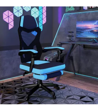Silla Gaming con Reposapiés Altura Regulable y Respaldo Reclinable 135° 58x63x112-122 cm Azul y Negro