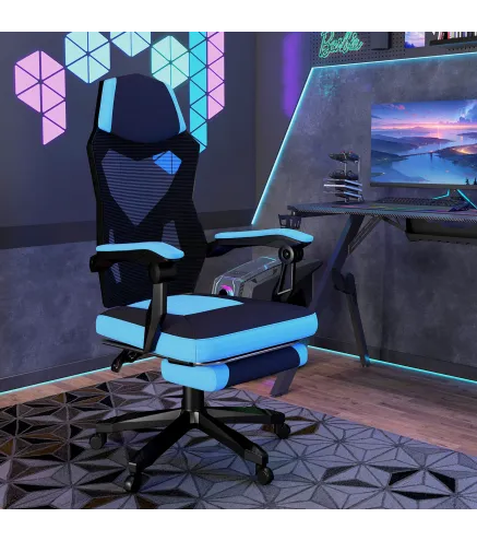 Silla Gaming con Reposapiés Altura Regulable y Respaldo Reclinable 135° 58x63x112-122 cm Azul y Negro