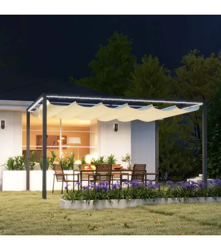 Pérgola de Aluminio 4x3 m Gazebo con Luces LED Solares y Techo Retráctil para Jardín Crema