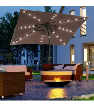 Parasol de Terraza Exterior 268x205x248 cm con Techo Inclinable hasta 45° Luces LED Solares y Manivela Marrón