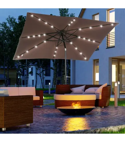 Parasol de Terraza Exterior 268x205x248 cm con Techo Inclinable hasta 45° Luces LED Solares y Manivela Marrón