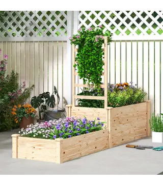 Jardinera Elevada con Celosía de Madera para Plantas Trepadoras y 2 Cajas de Cultivo 222x63x132 cm Natural