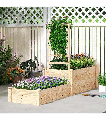 Jardinera Elevada con Celosía de Madera para Plantas Trepadoras y 2 Cajas de Cultivo 222x63x132 cm Natural