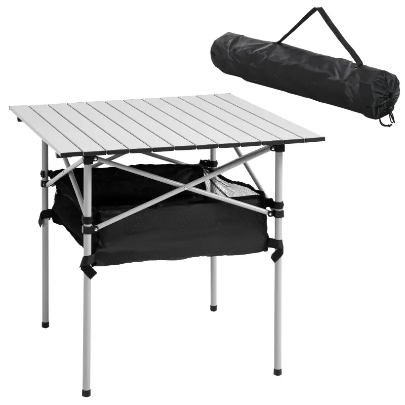 Mesa de Camping Plegable con Almacenaje de Malla y Bolsa de Transporte para Exterior Jardín y Picnic 70x70x69 cm Plata