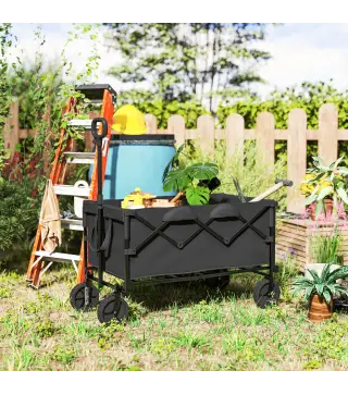 Carrito de Jardín Plegable con Ruedas Grandes Mango Ajustable Puerta Trasera Expandible Carga 100 kg para Campaña Negro