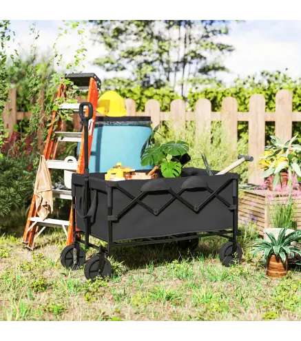 Carrito de Jardín Plegable con Ruedas Grandes Mango Ajustable Puerta Trasera Expandible Carga 100 kg para Campaña Negro