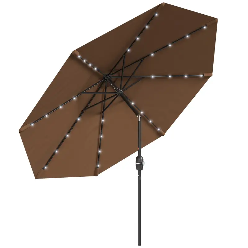 Sombrilla de Jardín Ø265 cm con 32 Luces LED Solares Manivela y Poste de Acero para Patio Terraza Marrón Sombrilla de Jardín Ø265 cm con 32 Luces LED Solares Manivela y Poste de Acero para Patio Terraza Marrón