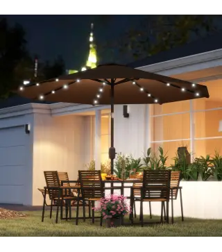 Sombrilla de Jardín Ø265 cm con 32 Luces LED Solares Manivela y Poste de Acero para Patio Terraza Marrón