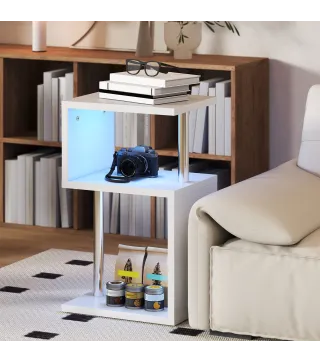 Mesa Auxiliar con Luz LED de 3 Niveles con Estantes y Estructura de Aluminio para Salón Dormitorio 44x38x75 cm Blanco