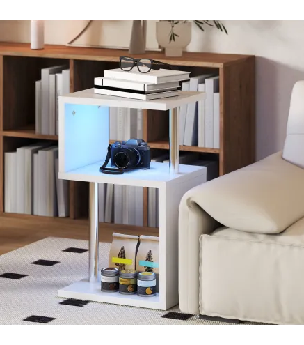 Mesa Auxiliar con Luz LED de 3 Niveles con Estantes y Estructura de Aluminio para Salón Dormitorio 44x38x75 cm Blanco