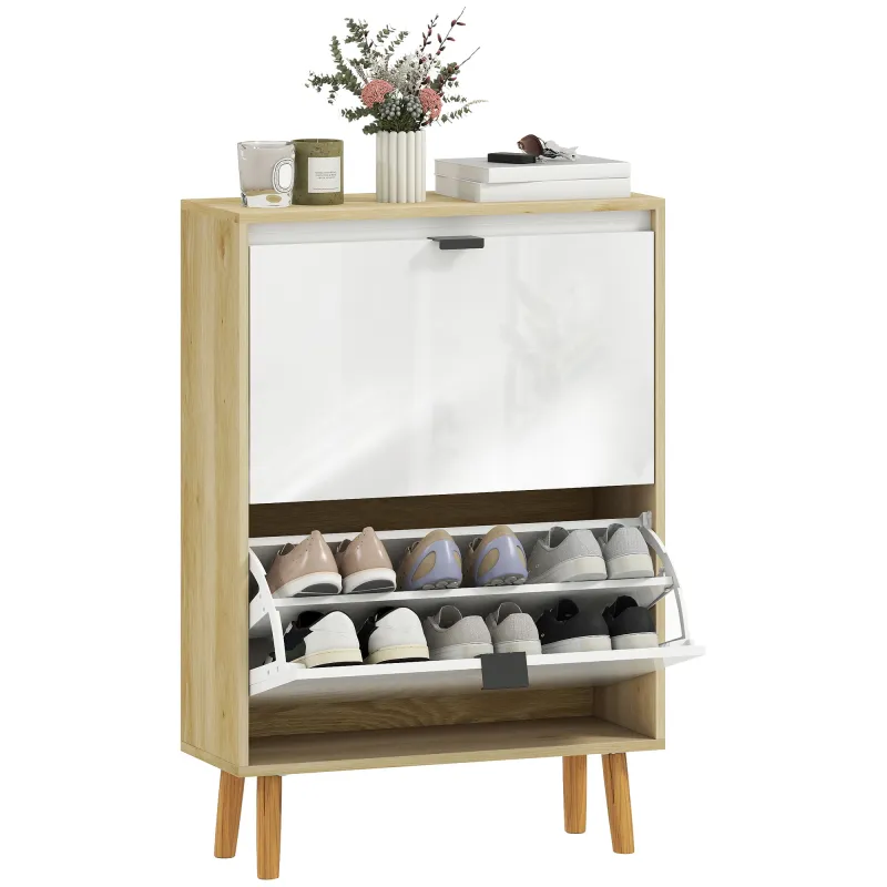 Zapatero Estrecho con 2 Puertas en Blanco Brillo Estantes Ajustables Patas de Madera para 12 Pares de Zapatos Zapatero Estrecho con 2 Puertas en Blanco Brillo Estantes Ajustables Patas de Madera para 12 Pares de Zapatos