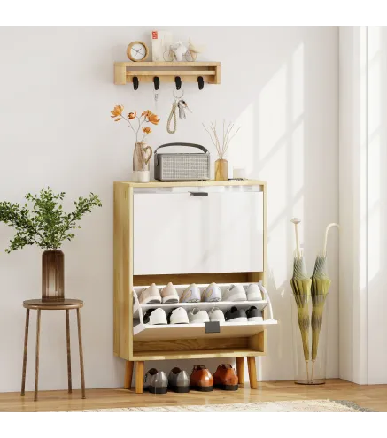 Zapatero Estrecho con 2 Puertas en Blanco Brillo Estantes Ajustables Patas de Madera para 12 Pares de Zapatos