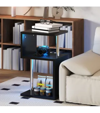Mesa Auxiliar con Luz LED de 3 Niveles con Estantes y Estructura de Aluminio para Salón Dormitorio 44x38x75 cm Negro