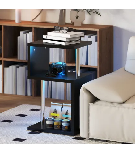 Mesa Auxiliar con Luz LED de 3 Niveles con Estantes y Estructura de Aluminio para Salón Dormitorio 44x38x75 cm Negro