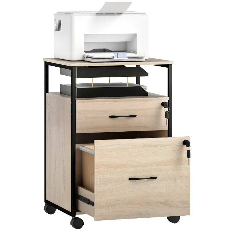 Cajonera de Oficina Cajonera para Escritorio con 2 Cajones y Ruedas para Tamaño Carta A4 44x40x66,5 cm Tono Madera