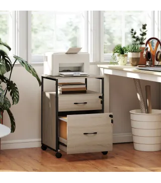 Cajonera de Oficina Cajonera para Escritorio con 2 Cajones y Ruedas para Tamaño Carta A4 44x40x66,5 cm Tono Madera