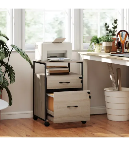 Cajonera de Oficina Cajonera para Escritorio con 2 Cajones y Ruedas para Tamaño Carta A4 44x40x66,5 cm Tono Madera