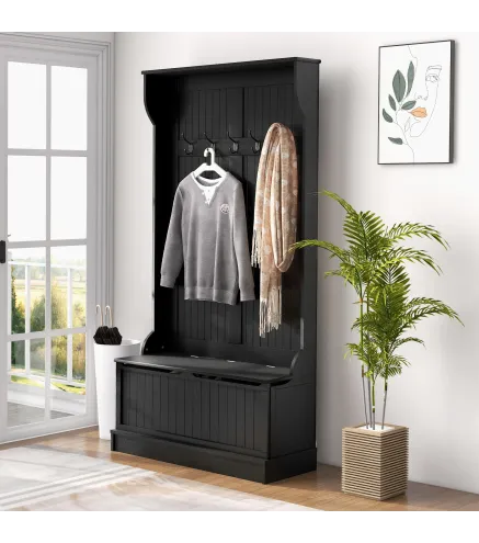 Perchero Zapatero con Banco de Almacenamiento y 5 Ganchos Estilo Moderno 96x34x179,7 cm Negro