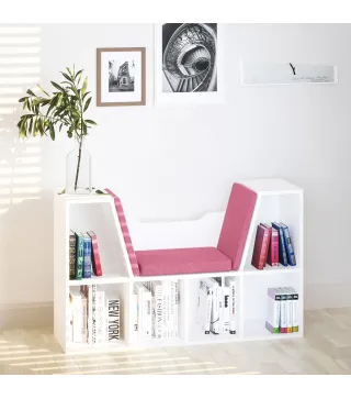 Librería con Asiento Estantería de Libros con 6 Cubos Cojín para Sala de Estar Dormitorio 102x30x61cm Blanco y Rosa