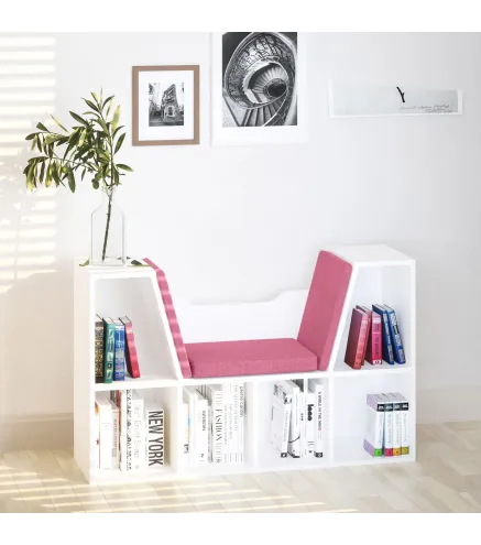 Librería con Asiento Estantería de Libros con 6 Cubos Cojín para Sala de Estar Dormitorio 102x30x61cm Blanco y Rosa