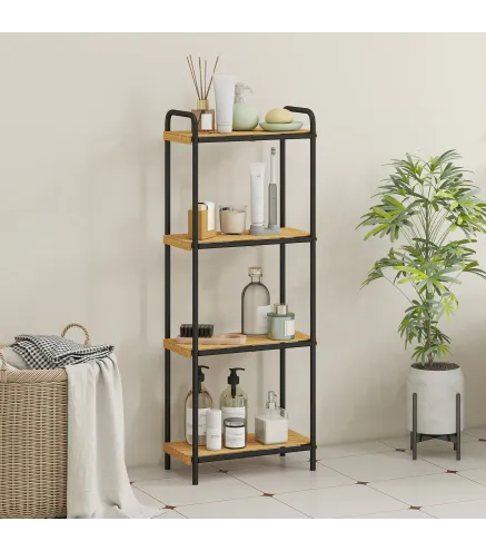 Estantería de Baño de Bambú con 4 Baldas Abiertas Diseño de Lamas y Estructura de Acero 41,5x21,5x106 cm Natural